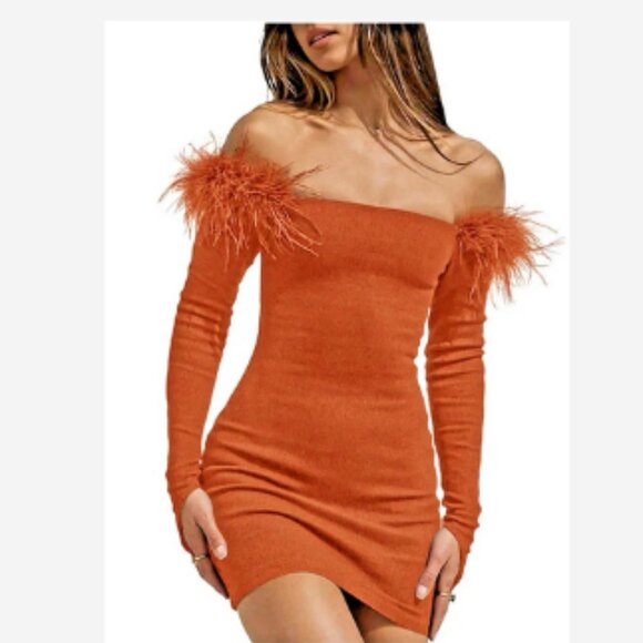 Mini Dress Off Shoulder Rib Knit Women Sz XL Orange Feather Accent Bodycon Sexy - Picture 1 of 3